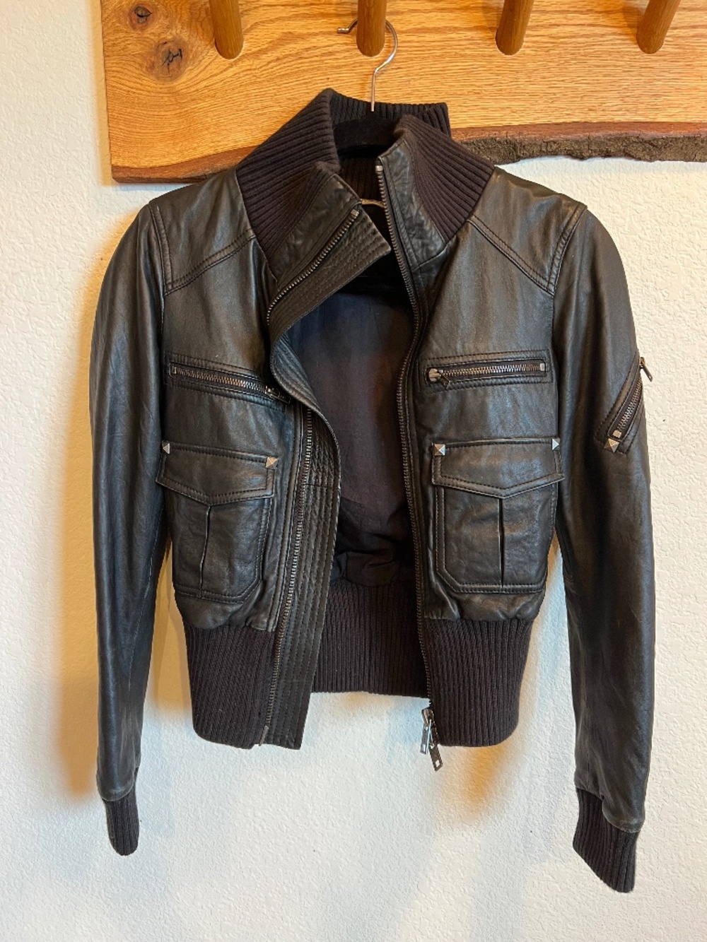 DKNY Jeans Black Lamb Leather Cropped Moto Bomber Jacket Y2K